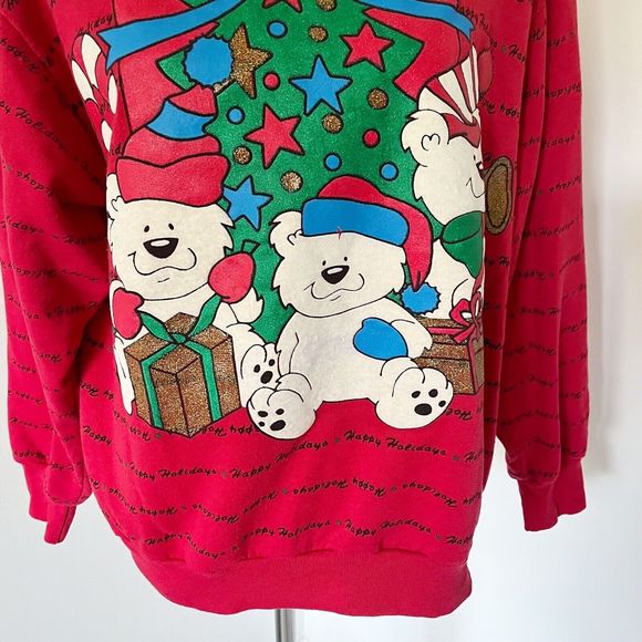 Vintage 90s Holiday Time Red Ugly Puff Paint Pullover Popover Sweatshirt Sweater - Picture 4 of 16